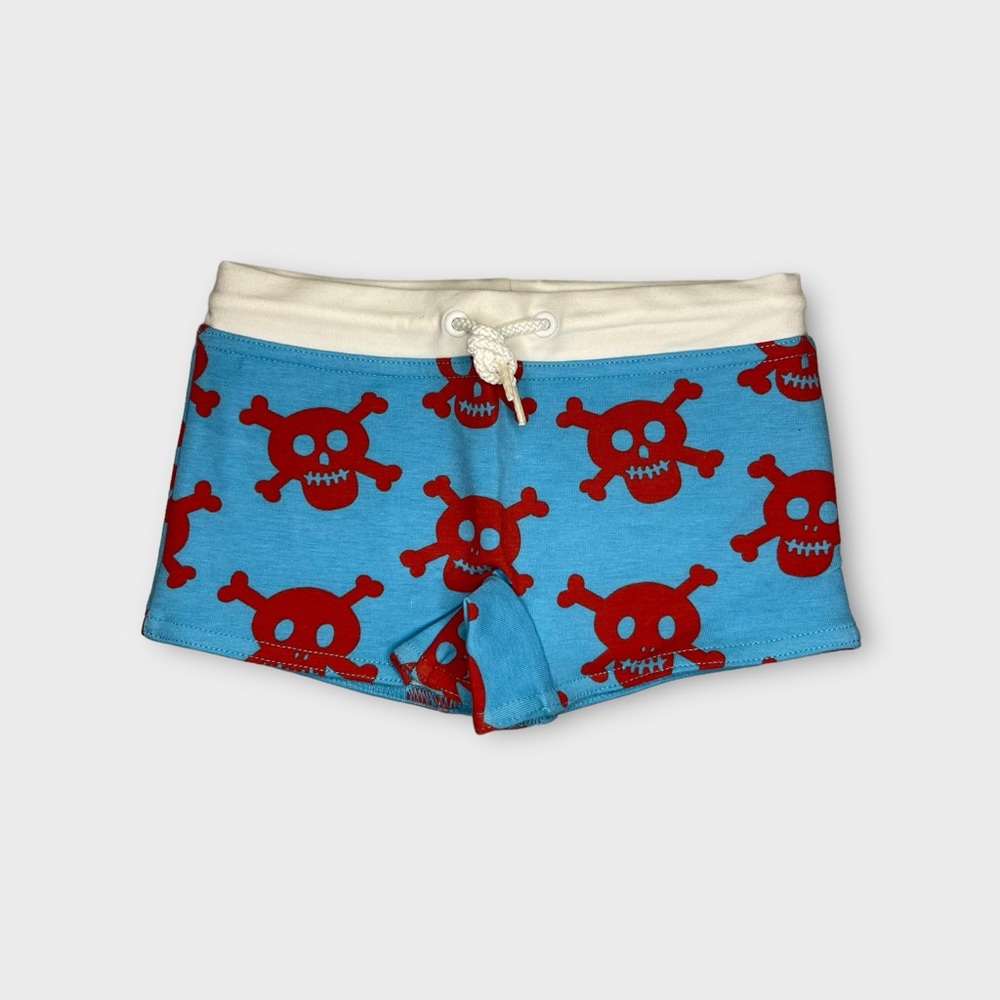 Mini Boden Red Skull Pattern Blue Swim Trunks